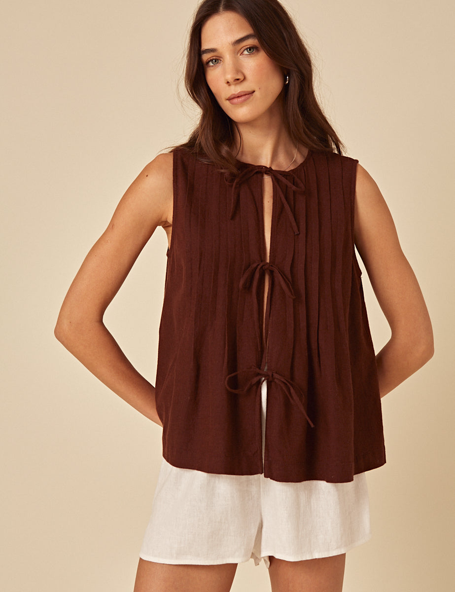 Brown Linen-Blend Tie Front Top