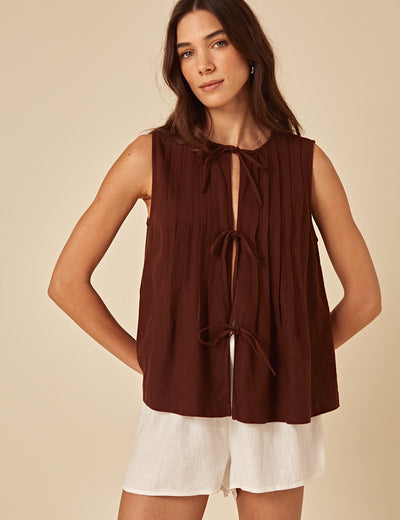 Brown Linen-Blend Tie Front Top