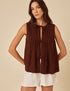 Brown Linen-Blend Tie Front Top