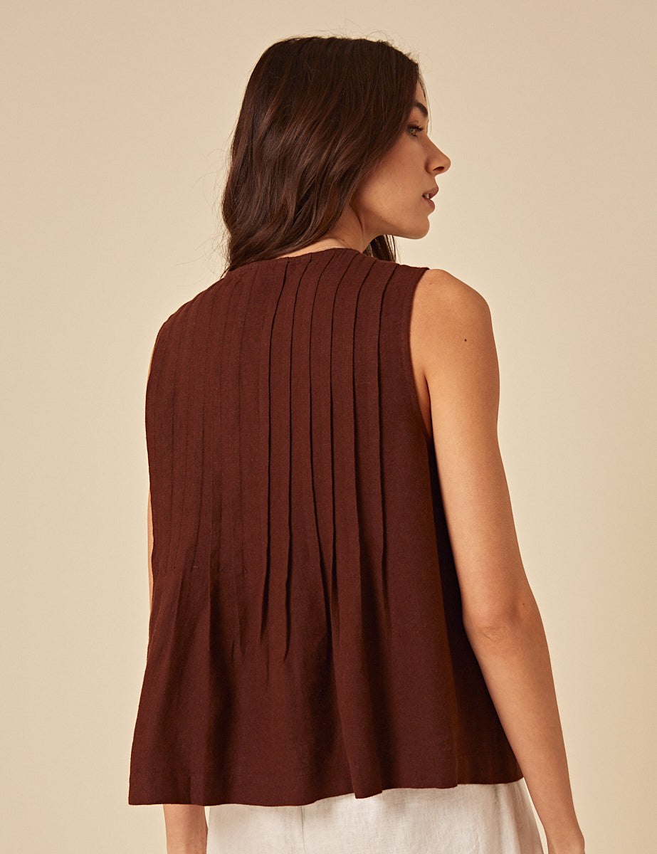 Brown Linen-Blend Tie Front Top