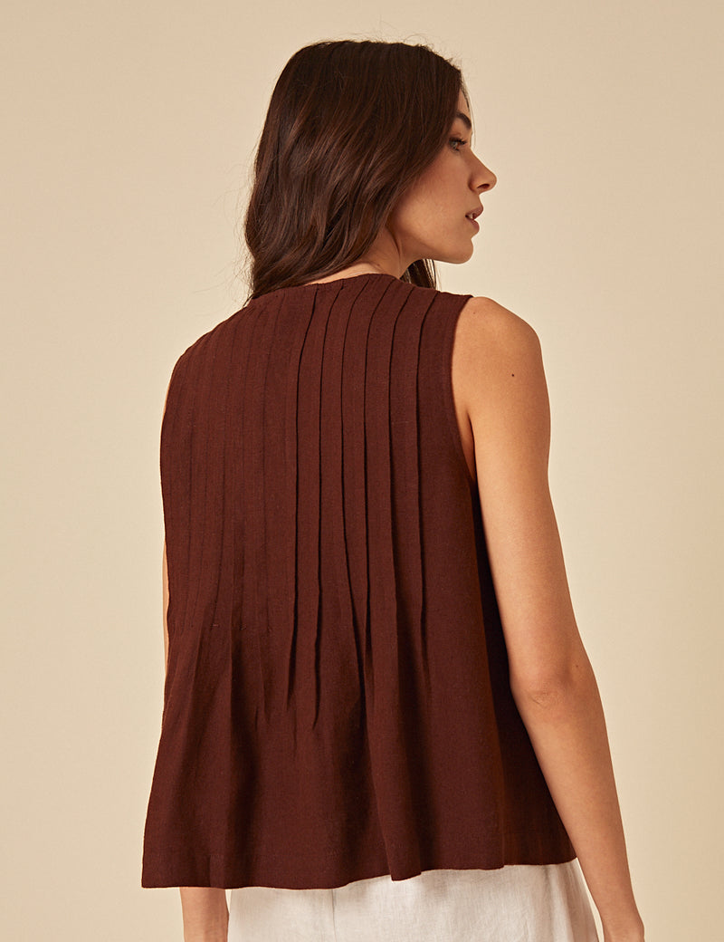 Brown Linen-Blend Tie Front Top