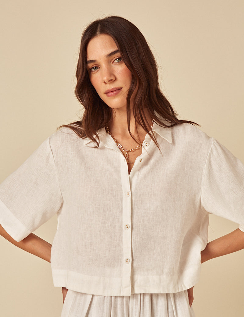 White Linen-Blend Shirt