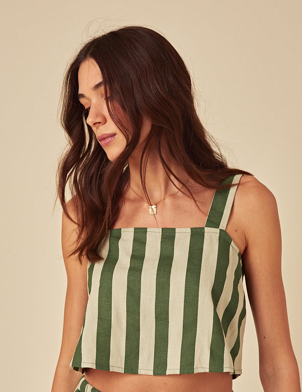 Green Striped Linen-blend Swing Top