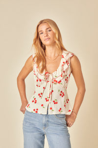 White Tomato Print Frill Top