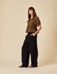 Khaki Tie Front Peplum Top