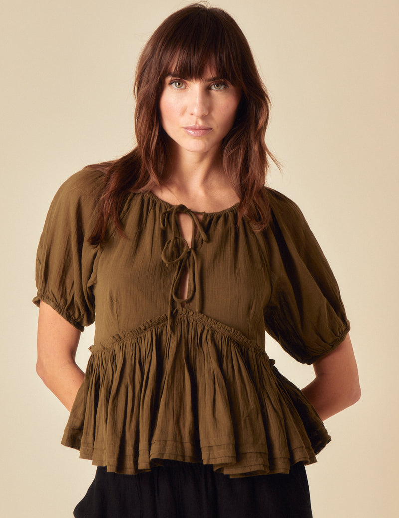 Khaki Tie Front Peplum Top