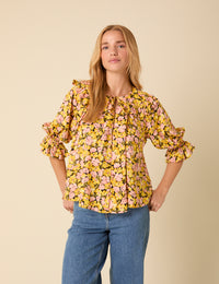 Yellow Floral Short Sleeve Blouse