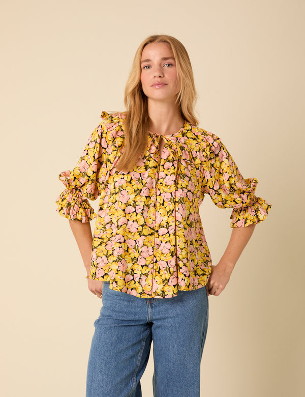 Yellow Floral Short Sleeve Blouse