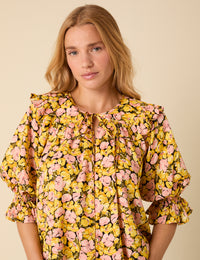 Yellow Floral Short Sleeve Blouse