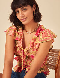 Yellow Patchwork Print Frill Top