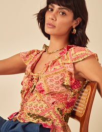 Yellow Patchwork Print Frill Top