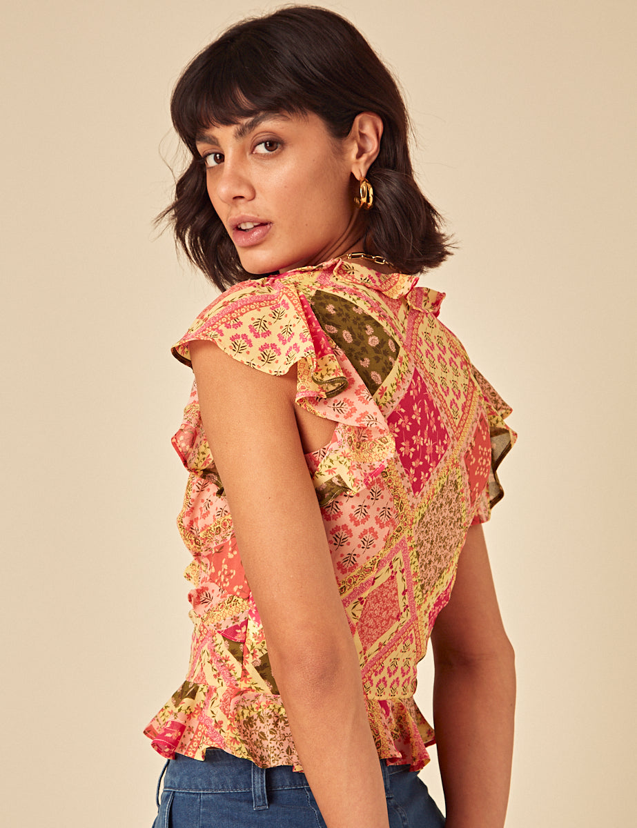 Yellow Patchwork Print Frill Top