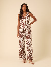 Brown Floral Linen-blend Longline Waistcoat