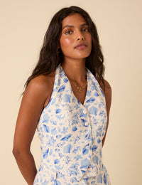 Blue Shell Print Halter Neck Waistcoat