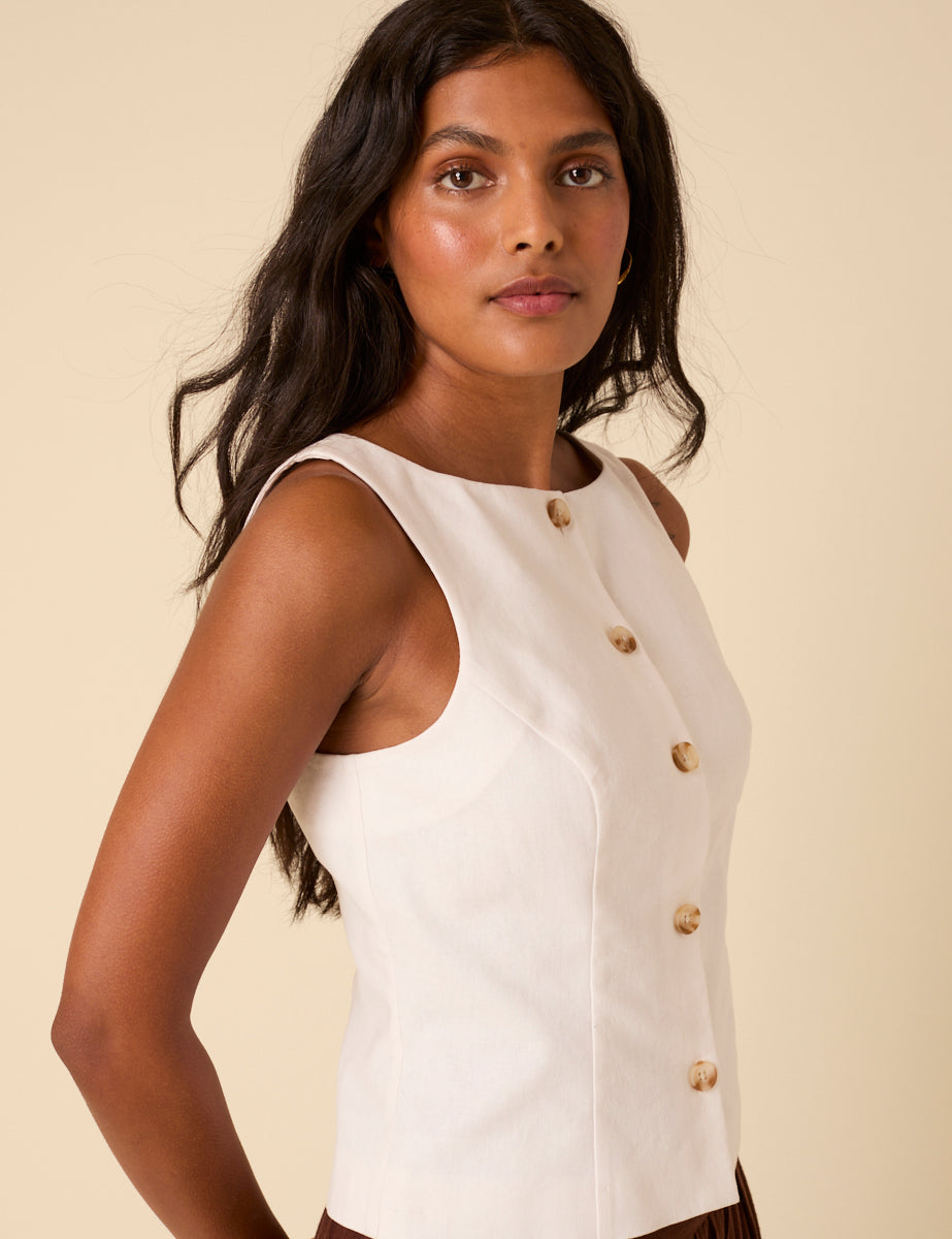 White Linen-Blend Tailored Waistcoat