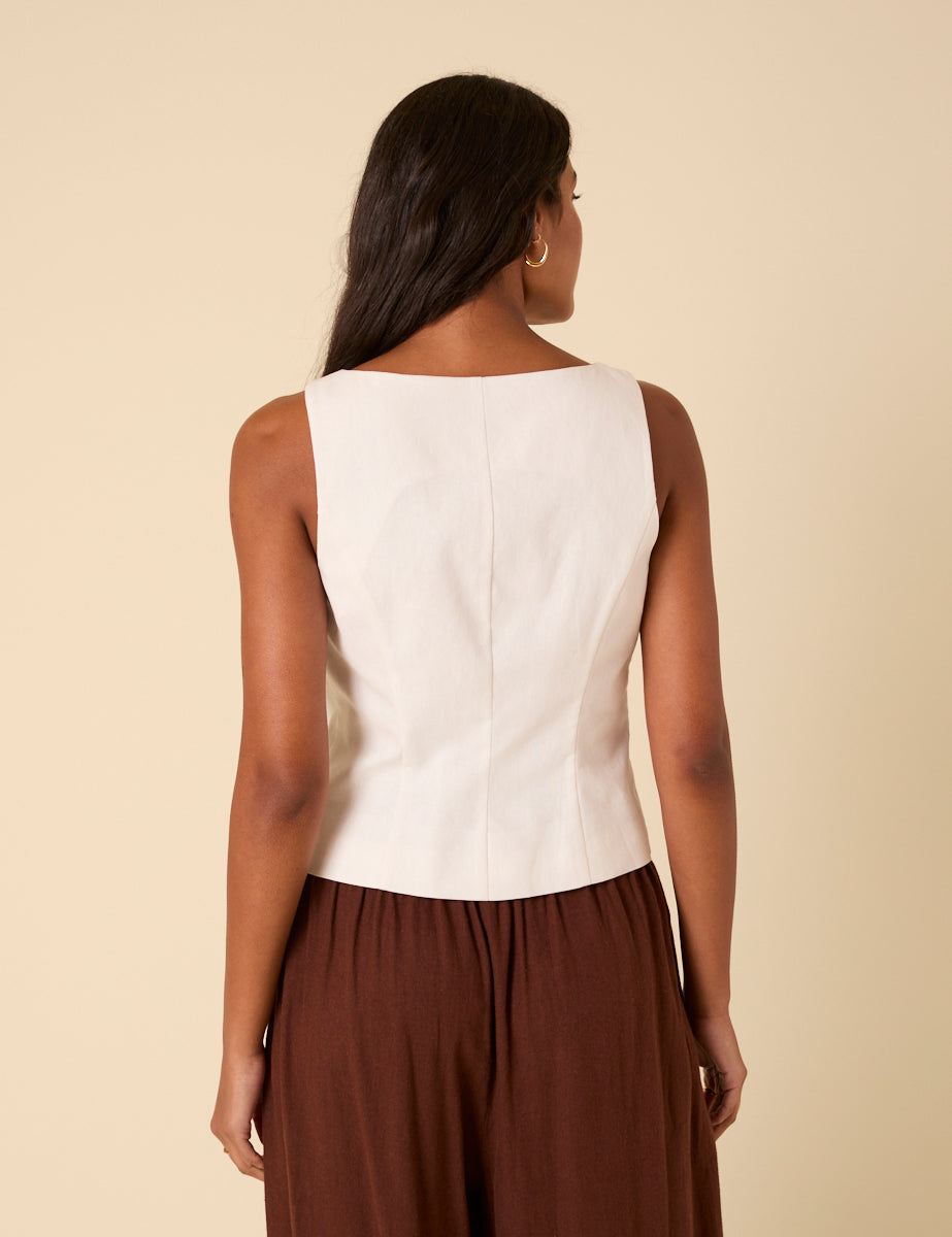 White Linen-Blend Tailored Waistcoat