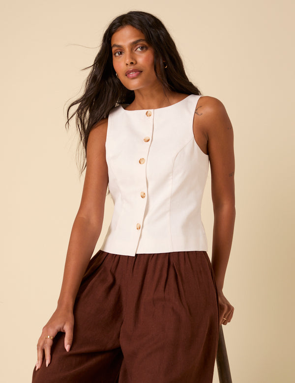White Linen-Blend Tailored Waistcoat