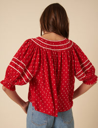 Red Tie Front Dobby Embroidered Blouse