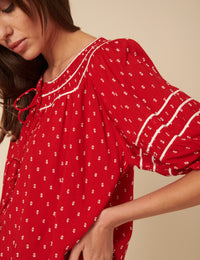 Red Tie Front Dobby Embroidered Blouse