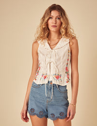 White Floral Embroidered Sleeveless Top