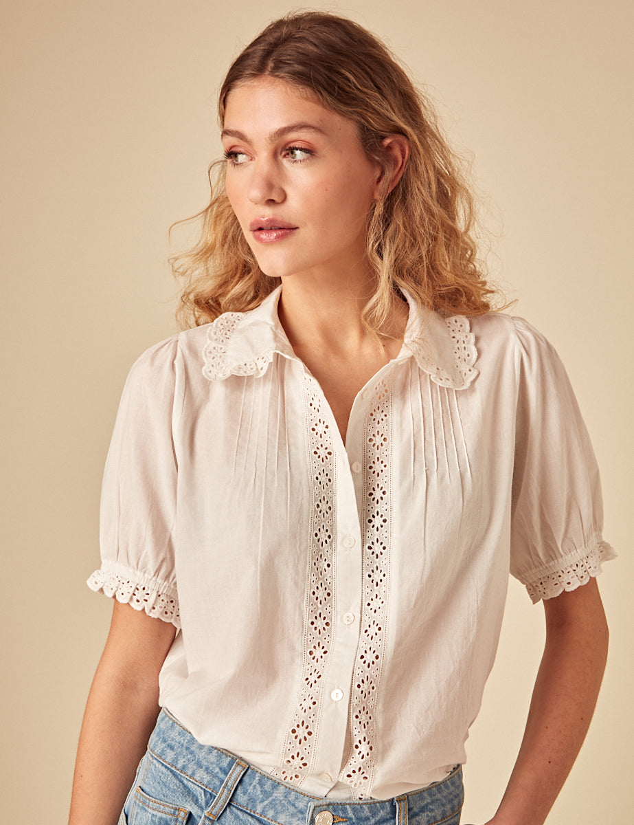 White Short Sleeve Broderie Anglaise Blouse - Main Image