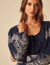 Navy Embroidered Tie Front Top