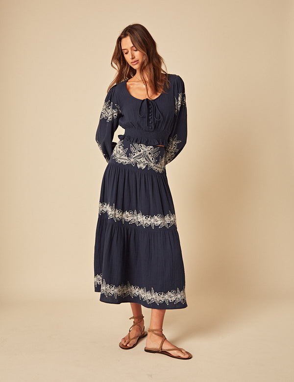 Navy Embroidered Tie Front Top