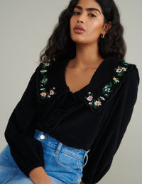 Black Cord Embroidered Birdie Blouse
