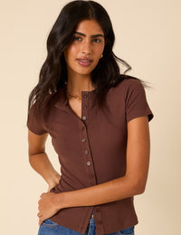Brown Ribbed Button Down Jersey Top