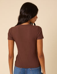 Brown Ribbed Button Down Jersey Top
