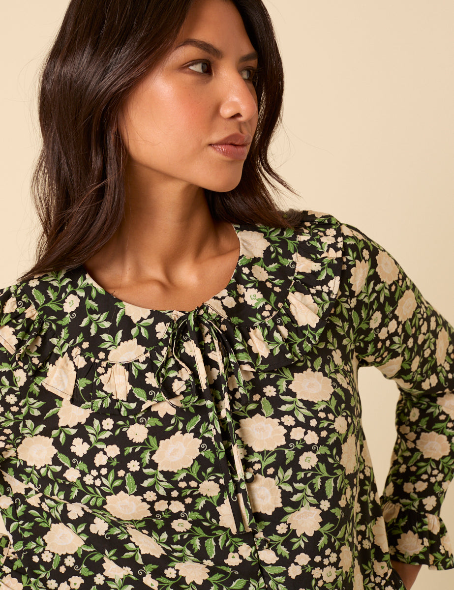 Black Floral Ruffle Collared Blouse
