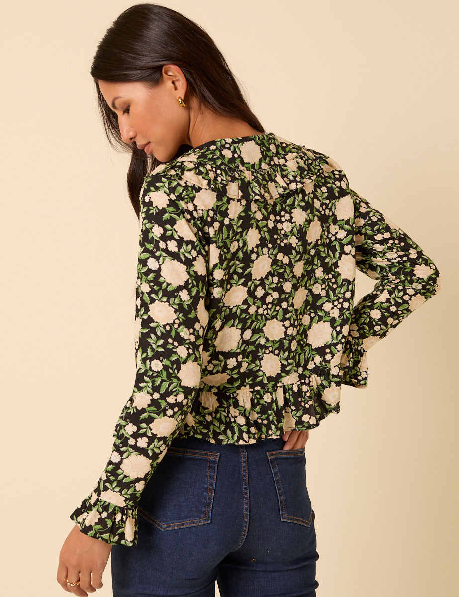 Black Floral Ruffle Collared Blouse
