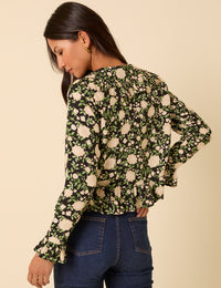 Black Floral Ruffle Collared Blouse