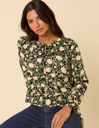 Black Floral Ruffle Collared Blouse