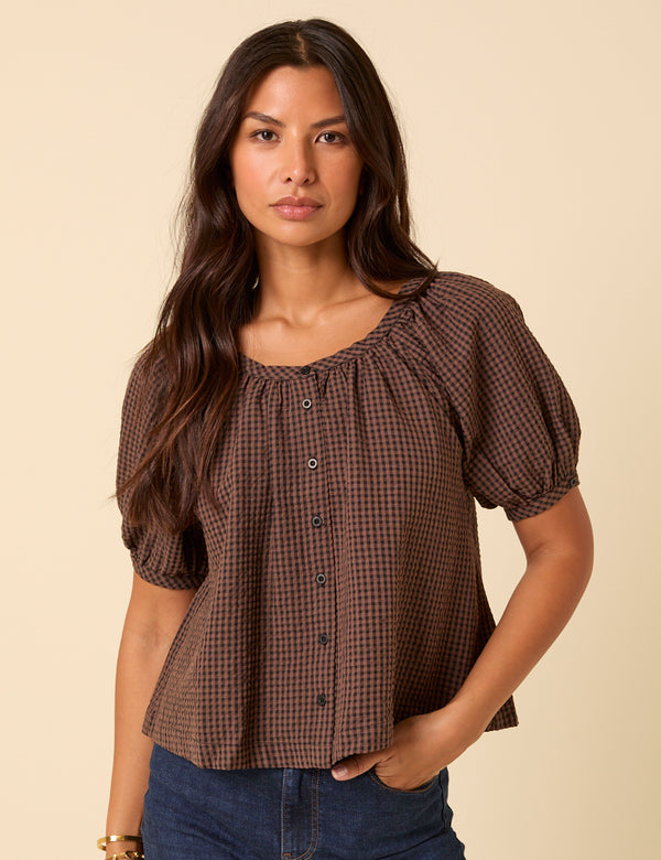 Brown Gingham Puff Sleeve Top