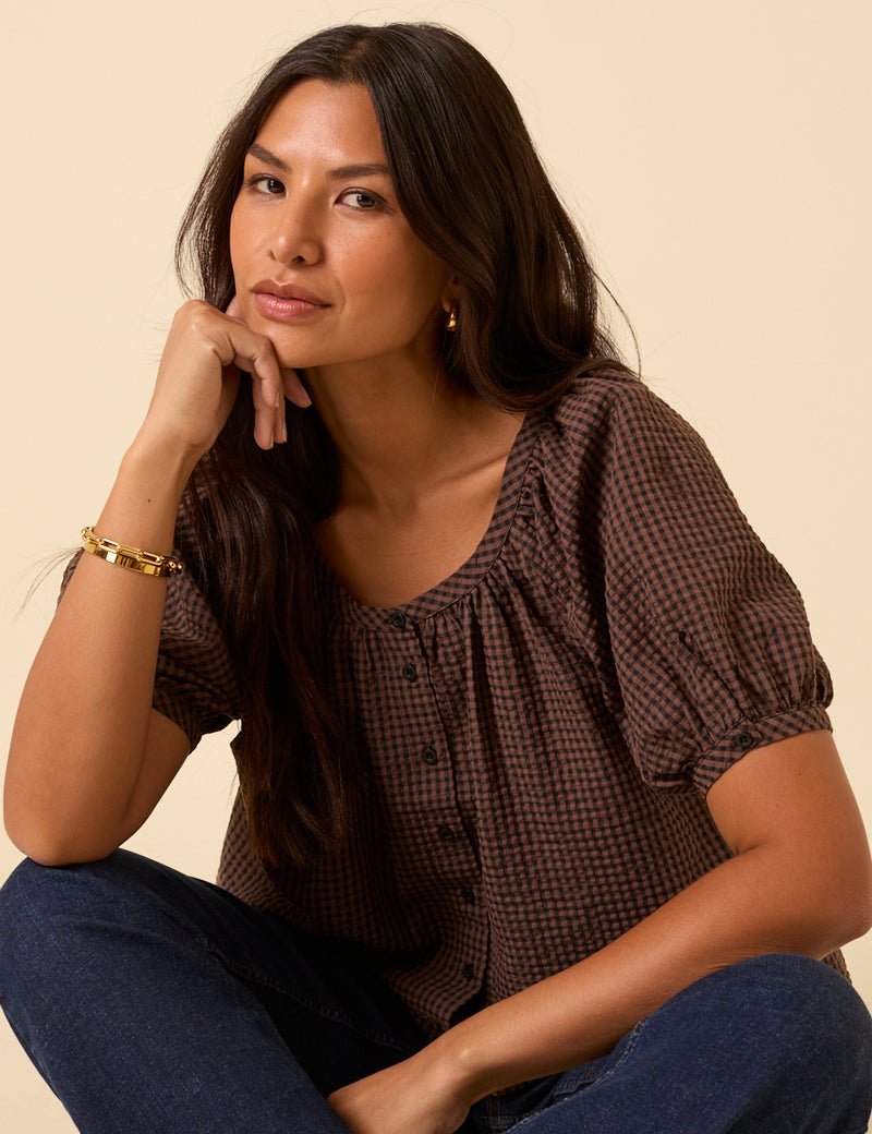 Brown Gingham Puff Sleeve Top