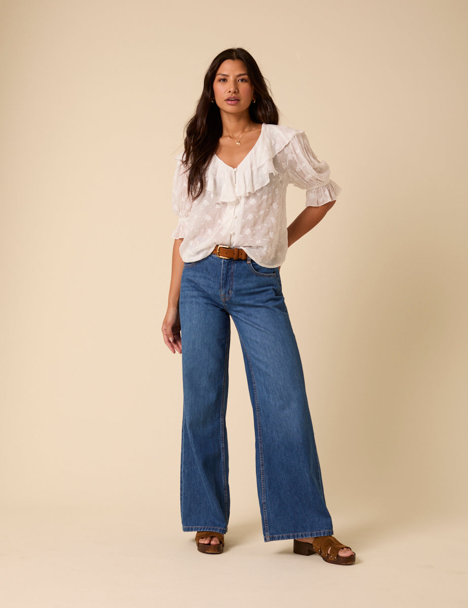 White Embroidered Ruffle Trim Top
