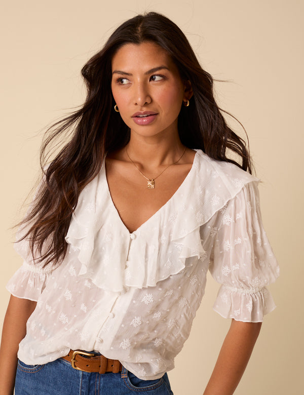 White Embroidered Frill Blouse