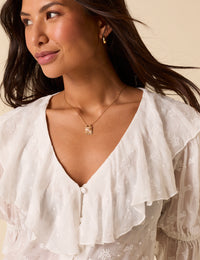 White Embroidered Frill Blouse