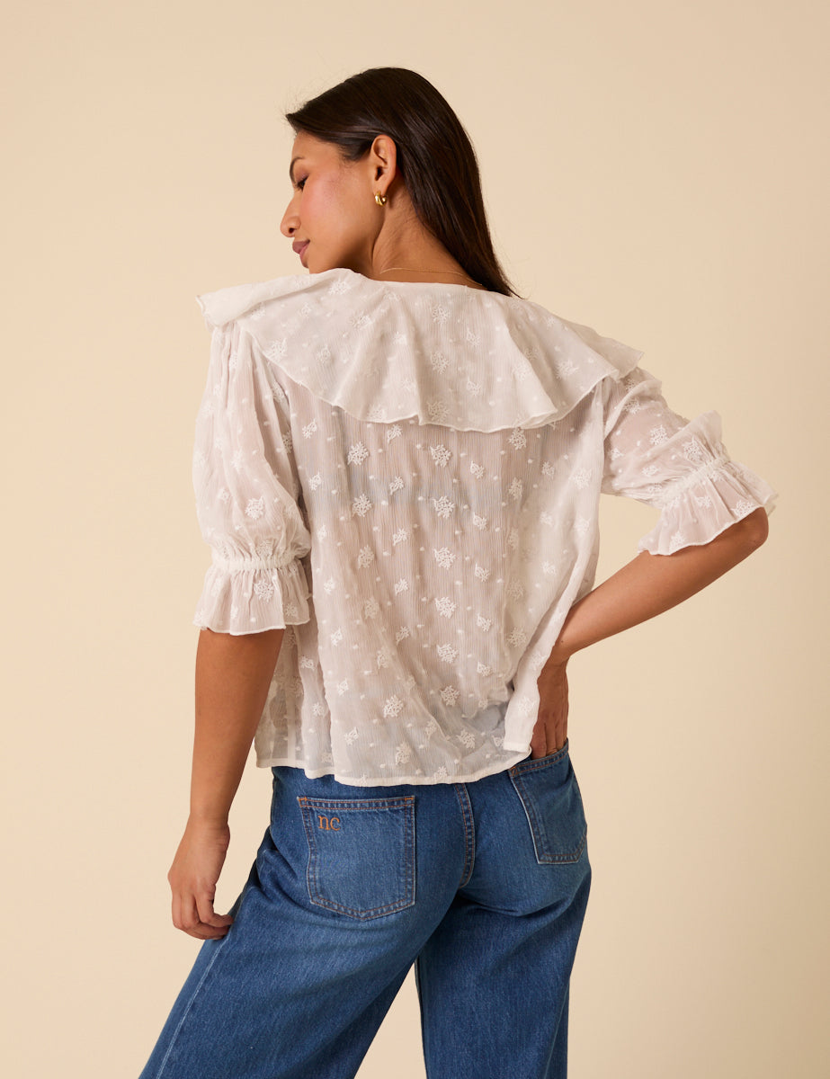 White Embroidered Ruffle Trim Top