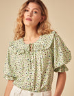 Green Floral Short Sleeve Blouse