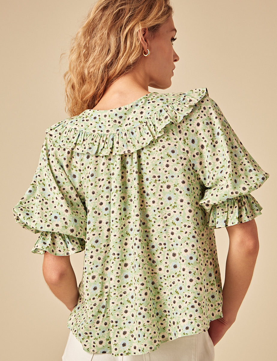 Green Floral Short Sleeve Blouse