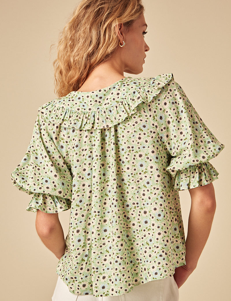 Green Floral Short Sleeve Blouse