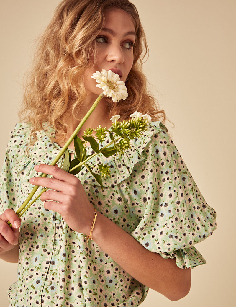Green Floral Short Sleeve Blouse