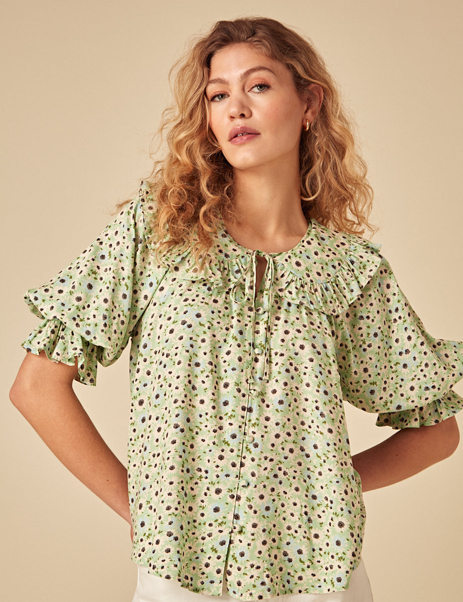 Green Floral Short Sleeve Blouse