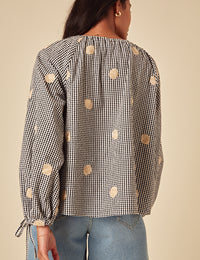 Elizabeth Scarlett Black Gingham Shell Embroidered Poet Blouse