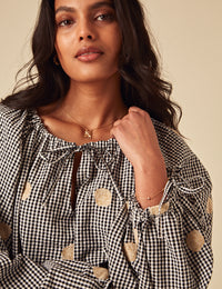 Elizabeth Scarlett Black Gingham Shell Embroidered Poet Blouse
