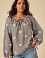 Black Gingham Shell Embroidered Poet Blouse