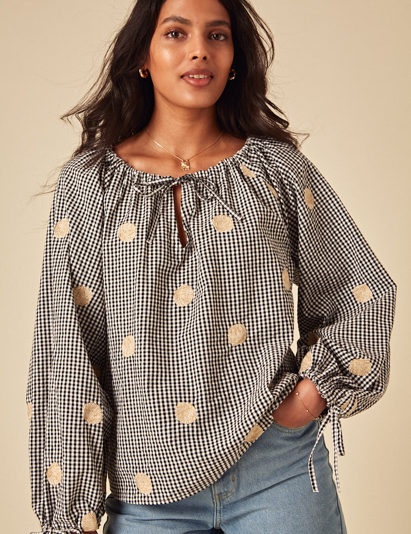 Black Gingham Shell Embroidered Poet Blouse