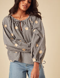 Elizabeth Scarlett Black Gingham Shell Embroidered Poet Blouse